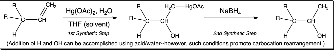 <p>intermediates: </p><p></p><p>Step 1: Hg(OAc)2, H2O, THF(solvent)</p><p></p><p>Step 2: NaBH4</p>