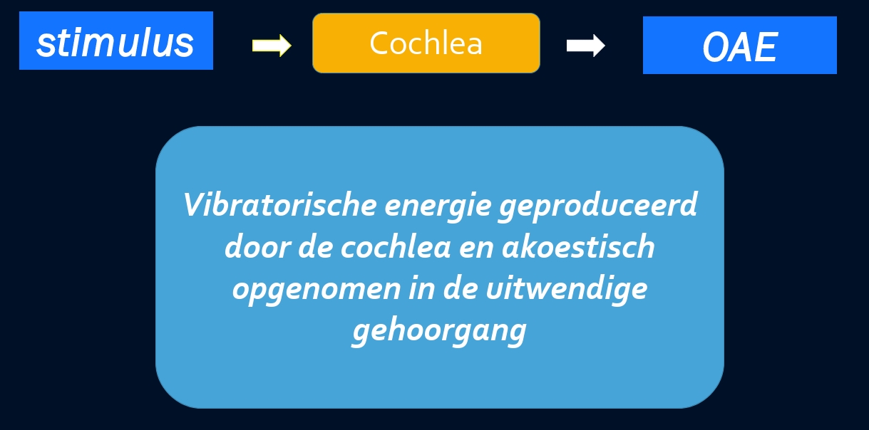 <p>= <span><em>Een detecteerbare geluidsdruk, geproduceerd door OAEs, ontstaat door extreem kleine bewegingen van het trommelvlies</em></span></p><p><span><em>extreem kleine bewegingen → moeilijk te meten DUS sonde in oor plaatsen </em>wordt de uitwendige gehoorgang afgesloten en bereikt de OAE geluidsdruk meetbareniveau’s.</span></p><p><span>beweging van 10^-10 m = OAE 34dB SPL </span></p>