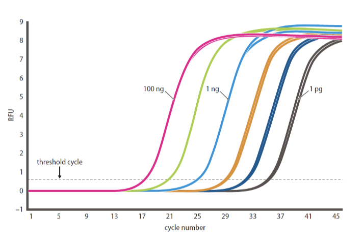 <p>determines relative amount of an RNA in diff samples </p><p>number of cycles it takes to cross threshold is proportional to amount of input DNA </p>