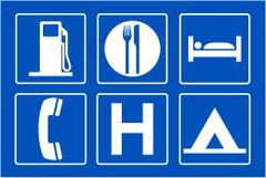 Road user services: such as food, gas, rest area signs.