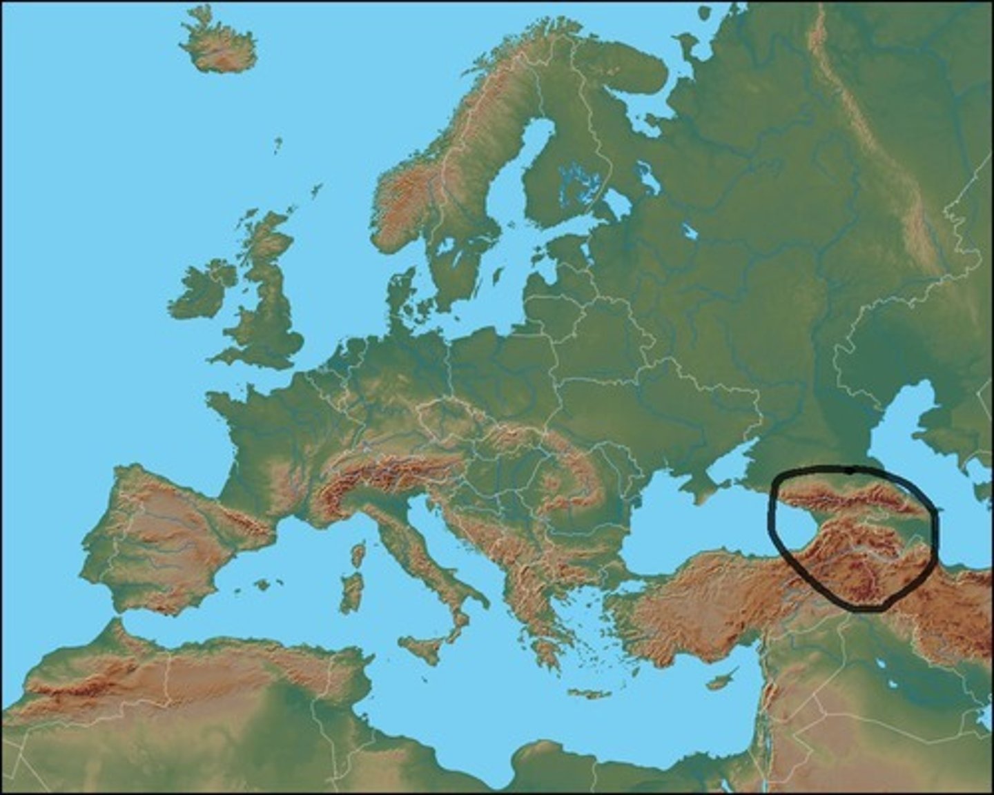 <p>Mountains between the Black Sea and the Caspian Sea</p>