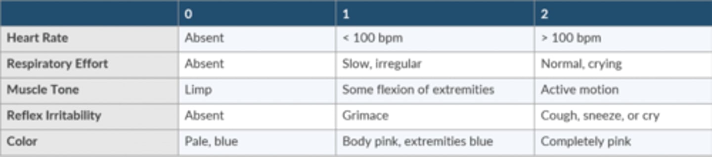 <p>HR</p><p>absent = 0</p><p><100 = 1</p><p>>100 = 2</p><p>Respiratory Effort</p><p>Absent = 0</p><p>Slow, irregular = 1</p><p>Normal, crying = 2</p><p>Muscle tone</p><p>Limp = 0</p><p>Some flexion of extremities = 1</p><p>Active motion = 2</p><p>Reflex irritability</p><p>Absent = 0</p><p>Grimace = 1</p><p>Cough, sneeze, or cry = 2</p><p>Color</p><p>Pale, blue = 0</p><p>Body pink, extremities blue = 1</p><p>Completely pink = 2</p>