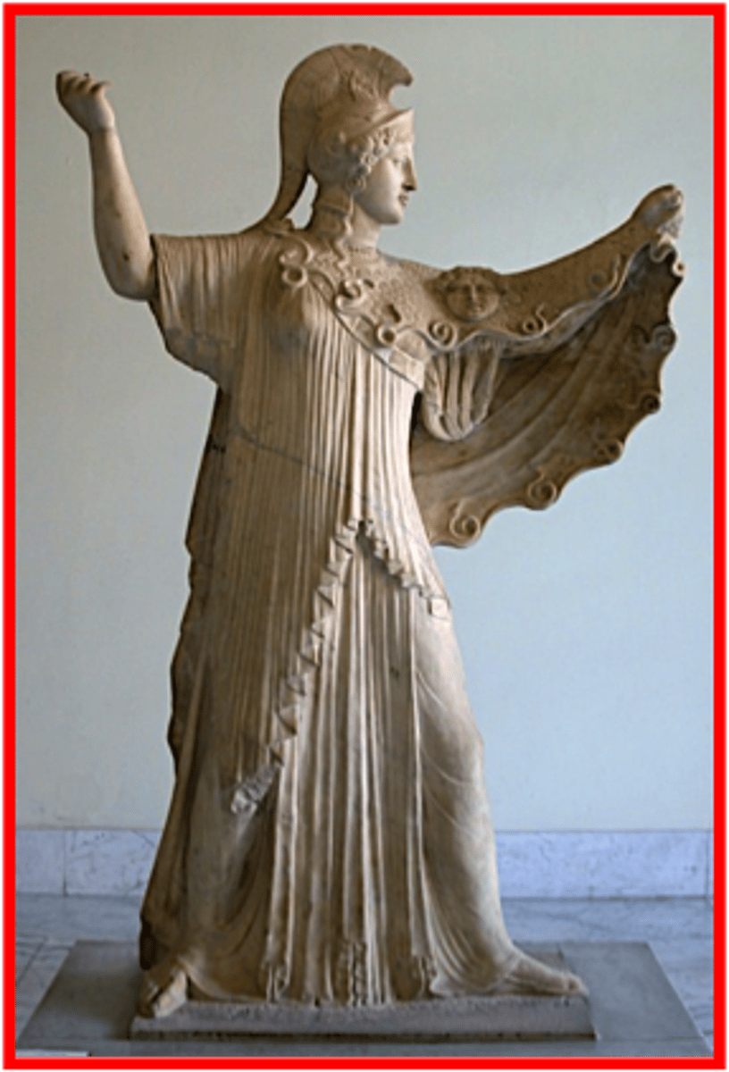 <p>Holding god Nike, holding spear; embodied political and military power of Athens; on top of acropolis, seen from afar</p>