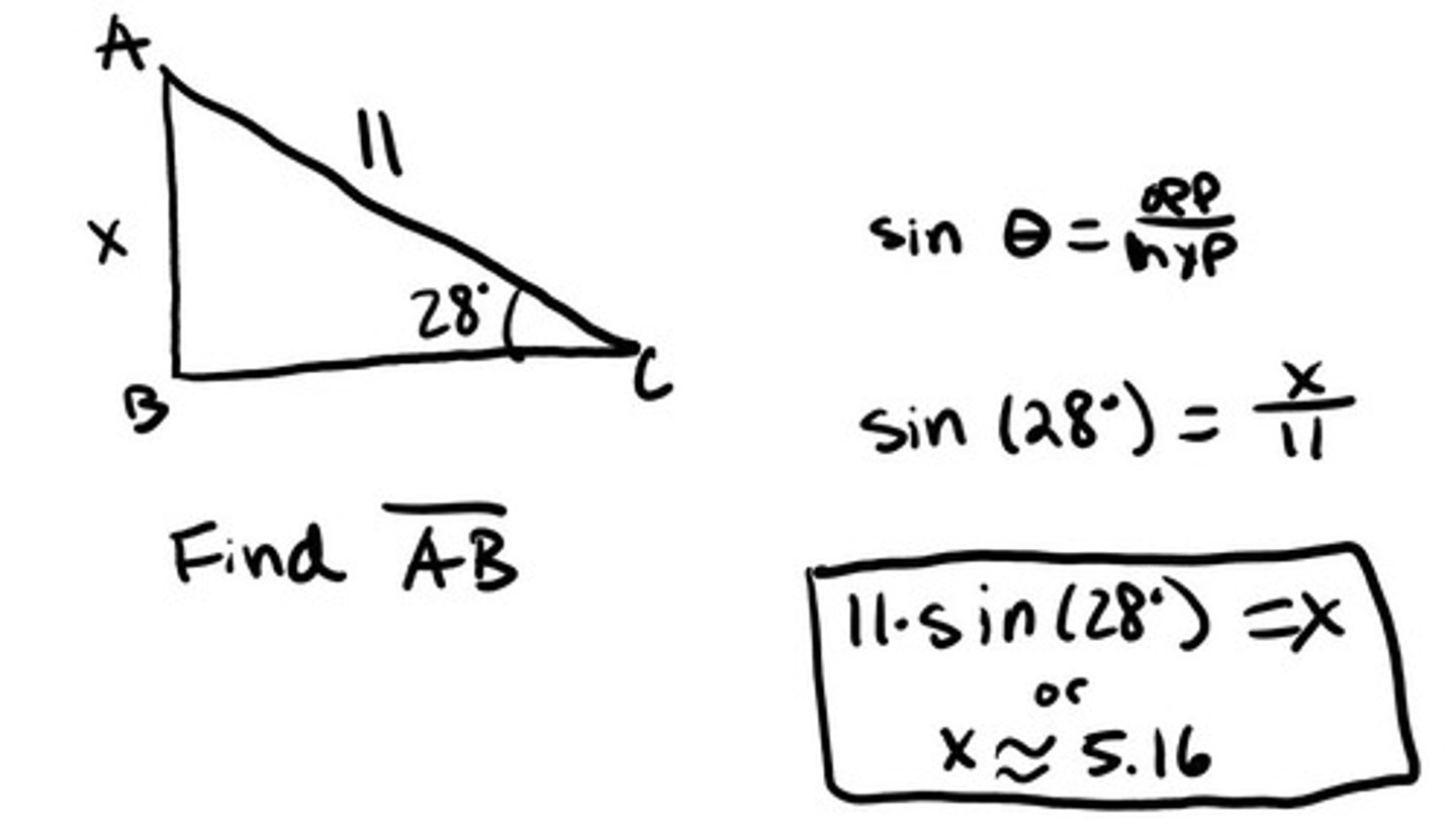 <p>Sine of an angle is equal to the opposite side divided by the hypotenuse<br>Cosine of an angle is equal to the adjacent side divided by the hypotenuse<br>Tangent of an angle is equal to the opposite side divided by the adjacent side</p>