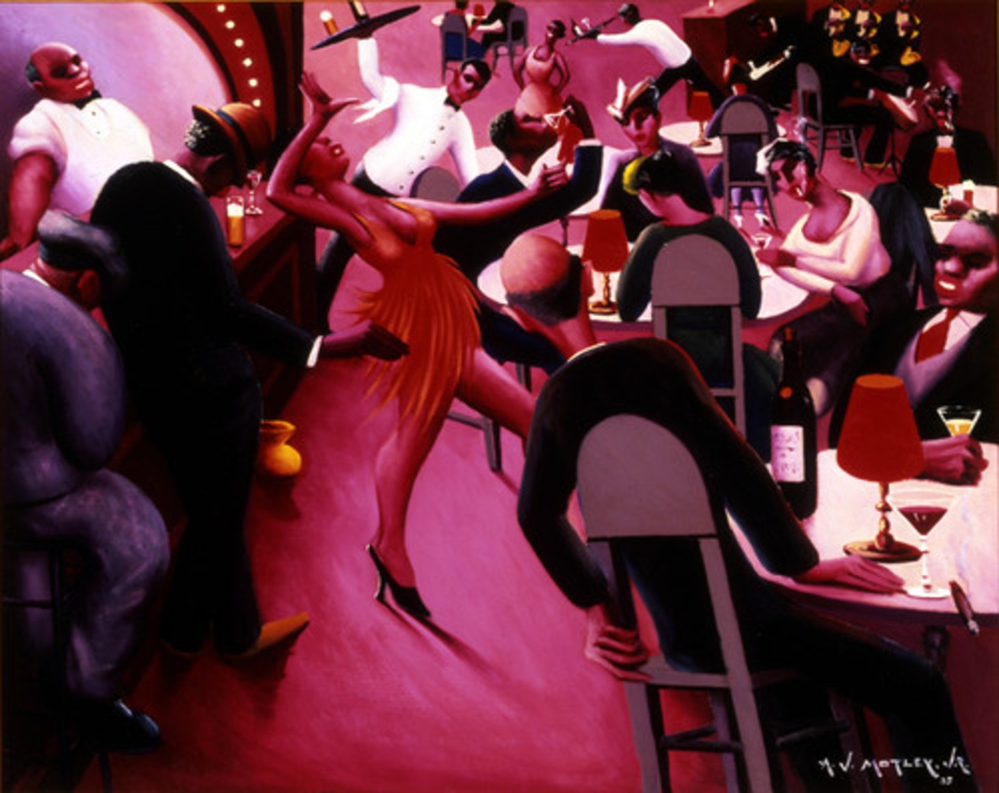 <p>Archibald Motley, Jr., studied at Art Institute of Chicago, preferred traditional style, focused on light-skinned mixed women, was interested in colorism, went to Paris and changed style, lots of red against brown, black, gray, composition is balanced, references jazz, nightclubs, cafes, goal of his work was to explore black history.</p>