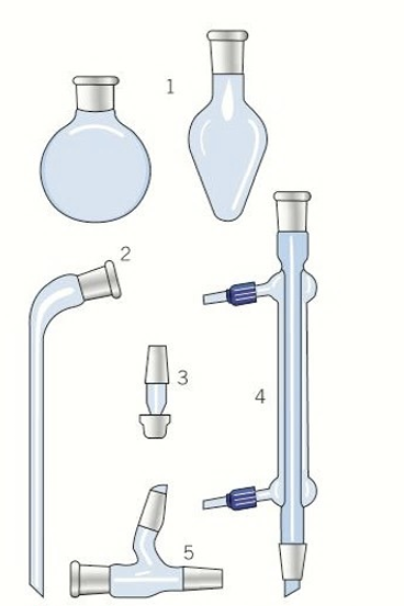 <p>-1 round bottom or pear shaped flask</p><p>-2 receiver</p><p>-3 screw tap adapter</p><p>-4 condenser</p><p>-5 still head</p>