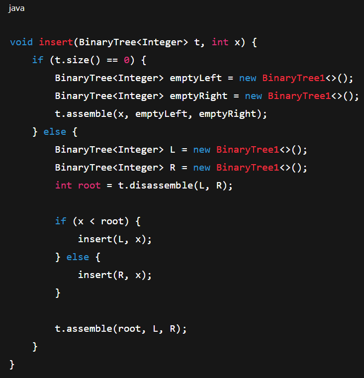 <p>if tree is empty, assemble single node tree with x<br>otherwise compares x with r and resemble recursively</p>