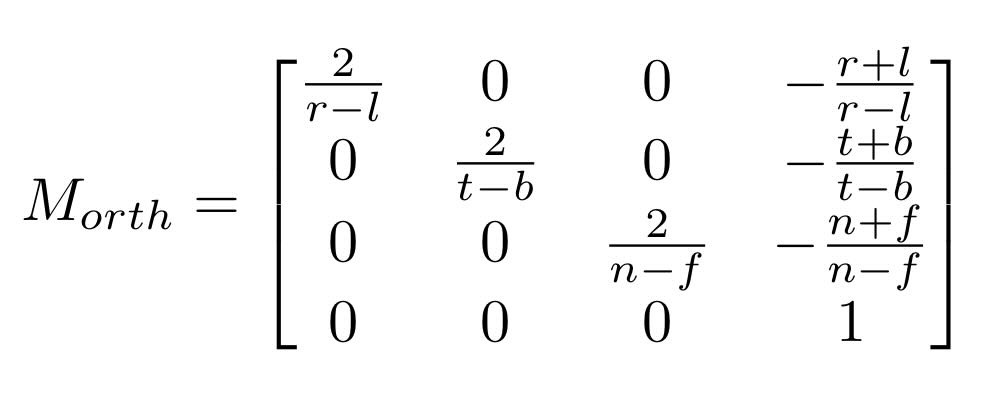 <p>transforms points from orthographic view volume (e.g. AABB) to canonical view volume; ensures all visible points fit in desired range </p>