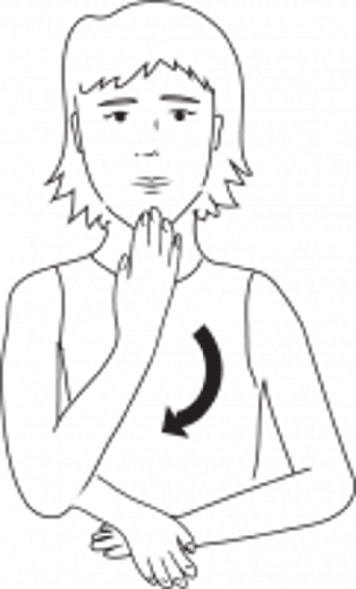 <p>Starts with your dominant hand open with fingers touching and extended. Begin the sign motion with you middle finger touching your chin, then move your hand down and out ending with your palm facing outward.</p>