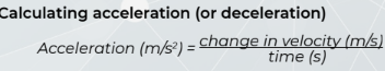 <p>Acceleration (m/s²) = Change in velocity (m/s²) / Time (s) </p>