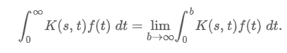 <p>“Interval of integration is the unbounded interval [0, ∞). If f(t) is defined for t ≥ 0, then the improper integral is defined as a limit”</p><ul><li><p><strong>Convergent: </strong>limit &amp; integral DOES exist</p></li><li><p><strong>Divergent: </strong>limit &amp; integral does NOT exist</p></li></ul><p></p>