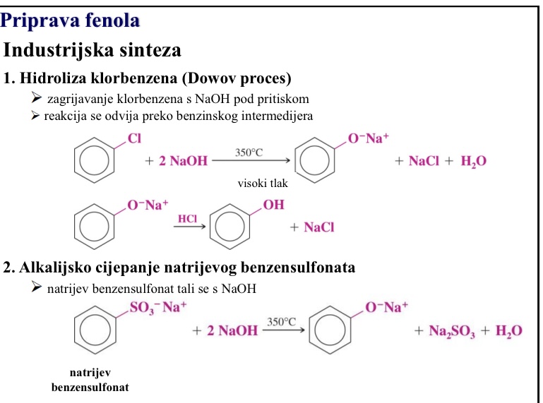 <p>Dowov proces </p><p>Zagrijavanje klorbenzena s NaOH pod pritiskom</p><p>Reakcija se odvija preko benzinskog intermedijera</p>