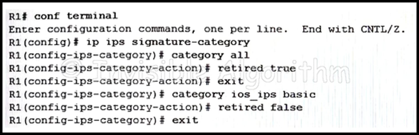 <p>Refer to the exhibit. Based on the configuration that is shown, which statement is true about the IPS signature category?</p><p>a) Only signatures in the ios_ips advanced category will be compiled into memory for scanning.</p><p>b) All signatures categories will be compiled into memory for scanning, but only those signatures within the ios ips advanced</p><p>c) category will be used for scanning purposes.</p><p>d) All signature categories will be compiled into memory for scanning, but only those signatures in the ios_ips basic category will be used for scanning purposes.</p><p>e) Only signatures in the ios_ips basic category will be compiled into memory for scanning.</p>