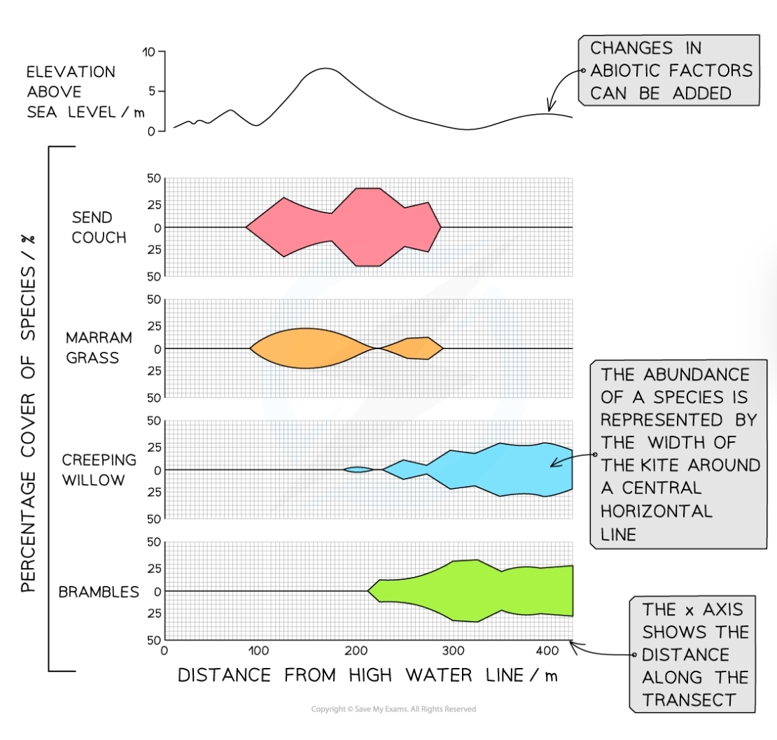 * Additional sections can be added to a kite diagram to show the changes in abiotic factors at different points along a transect e.g. the height above sea level or the pH of soil