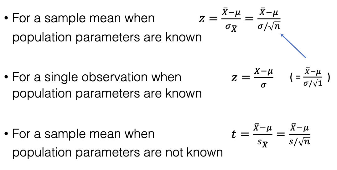 <ul><li><p>Single observation, known σ: z = (X−μ)/σ</p></li><li><p>Sample mean, known σ: z = (M−μ)/(σ/√n)</p></li><li><p>Sample mean, unknown σ: t = (M−μ)/(s/√n)</p></li></ul><p></p>