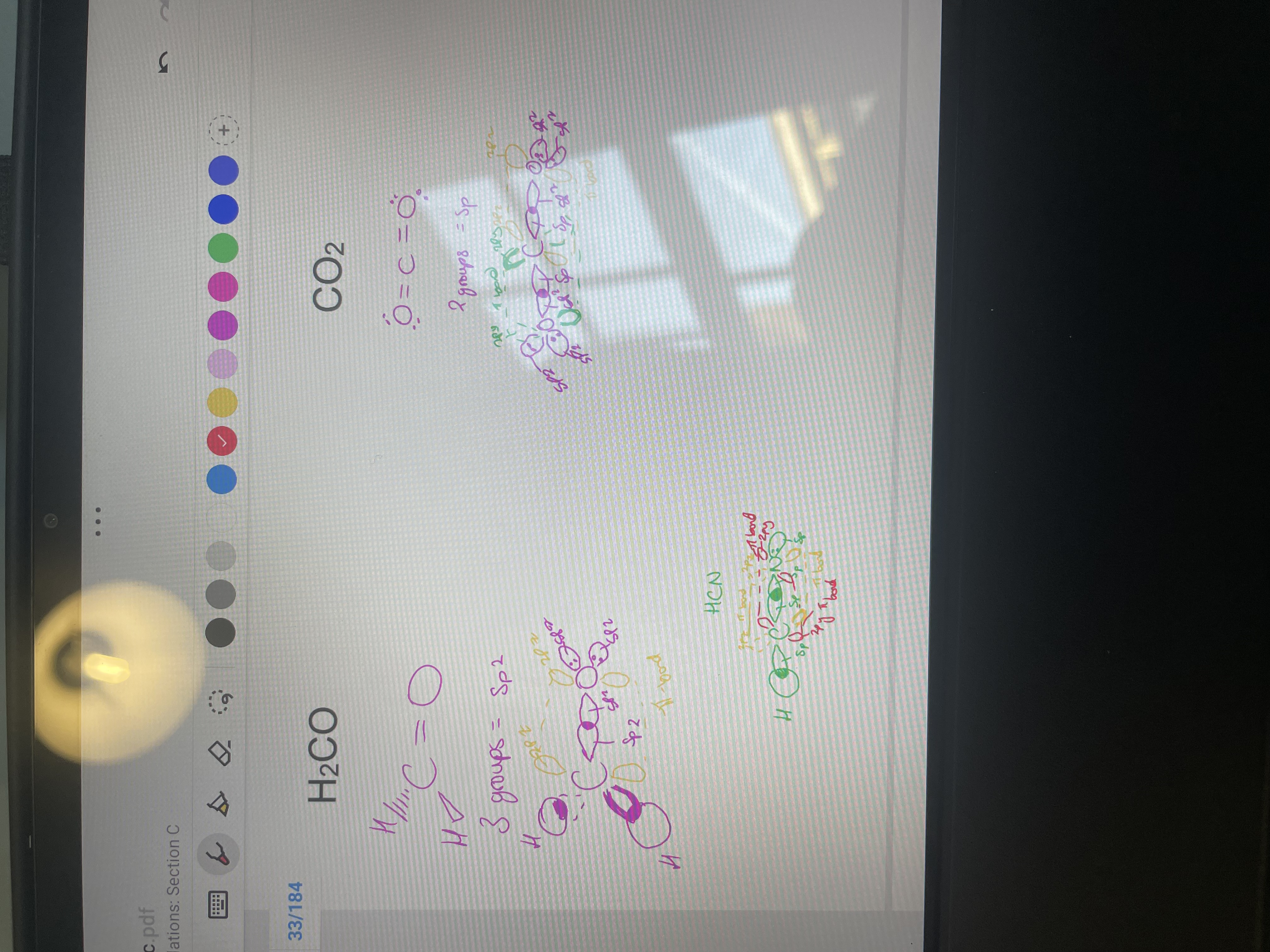 <p>if all single bonds = sp3, if double bond - sp2, if triple bond - sp</p><p>HCN, C and N are both sp</p><p>H2CO, C and O are both SP2.</p><p>CO2 has C as sp and Os as SP2</p>