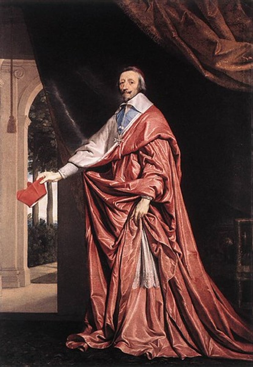 <p>He was the chief minister and adviser to King Louis XIII of France. His goal was to strengthen royal authority by eliminating aristocratic conspiracies and limiting the power of the Huguenots. He would also set up and use a system of royal officials called Intendants to make sure government officials were doing what the king wanted.</p>