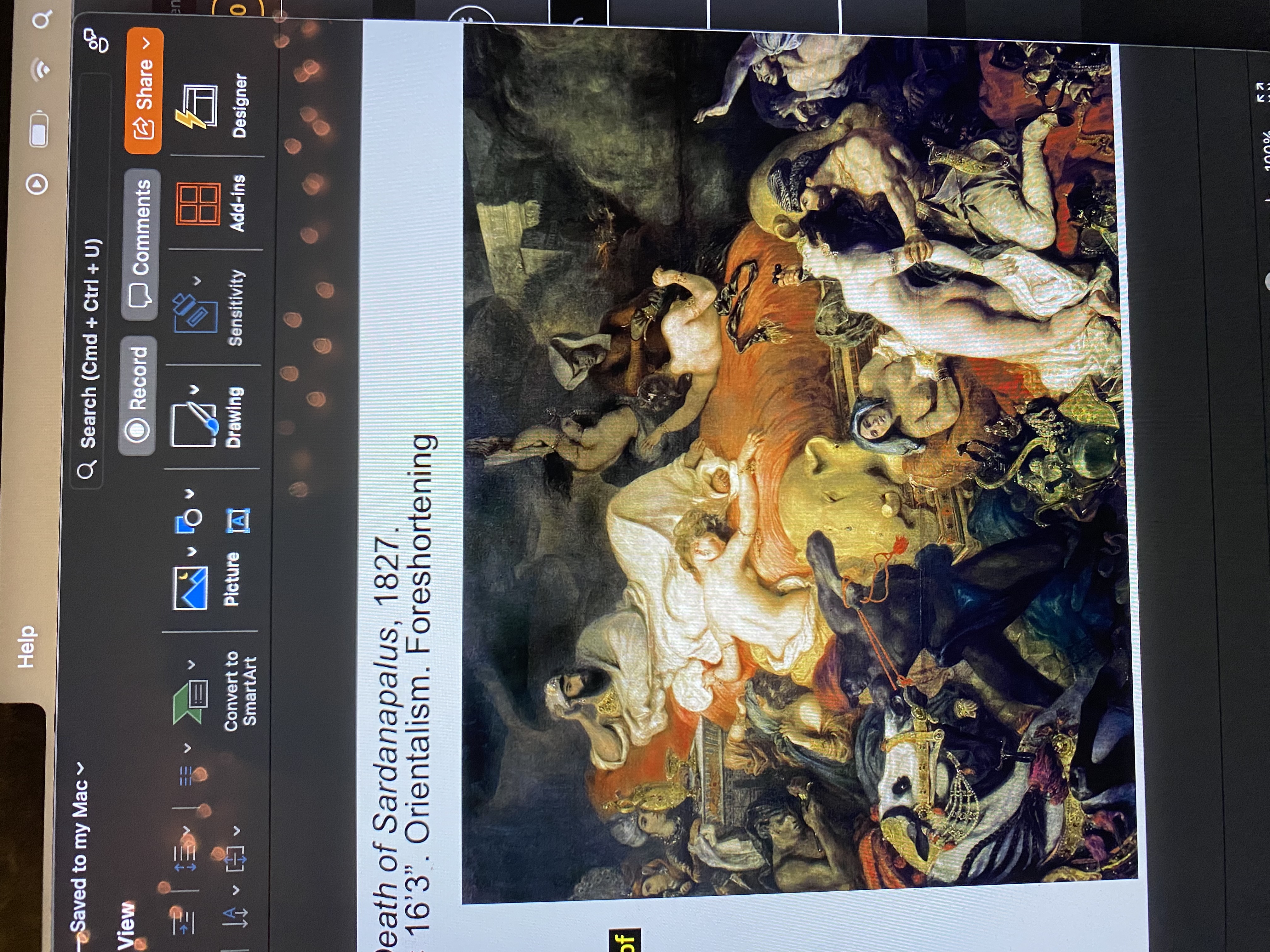 <p><span><strong>Eugène Delacroix</strong> <em>The Death of Sardanapalus</em>, 1827. <br>Oil on canvas, 12'111⁄2" × 16’3”. Orientalism. Foreshortening</span></p>