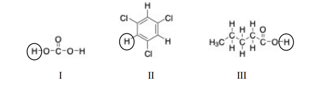 <p>In the molecules below, an acidic proton is indicated in</p><ul><li><p><strong>a. </strong>I and II</p></li><li><p><strong>b. </strong>I and III</p></li><li><p><strong>c. </strong>I, II, and III</p></li><li><p><strong>d. </strong>II and III</p></li></ul>