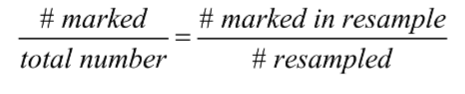 <p>• Individuals (numbering M) are captured, marked, and released.</p><p>• We assume that they mix freely and completely with the rest of the population.</p><p> • Then we capture some individuals again  </p><p>• Count the total number of individuals caught (n) and the number of those that were marked previously (x).</p>