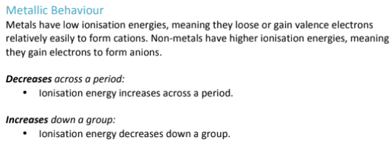 <p>Non metals have a greater Ionization energy than metals because they have more protons in their nucleus, meaning these protons and the electrons in its shells are more strongly attracted to each other; a higher electrostatic attraction, and are therefore held more closely together, resulting in a greater ionization energy.</p>