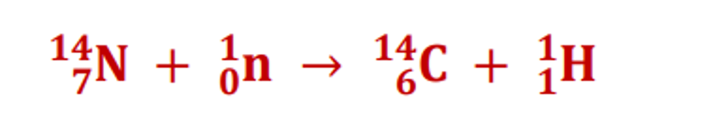 <p>¹₁H = proton</p><p>Samples of living material can be tested by comparing the current amount of carbon-14 in them and compared to the initial amount (which is based on the current ratio of carbon-14 to carbon-12), and hence they can be dated</p><p>- highly reliable method for estimating the ages of samples between 500 and 60 000 years old</p>