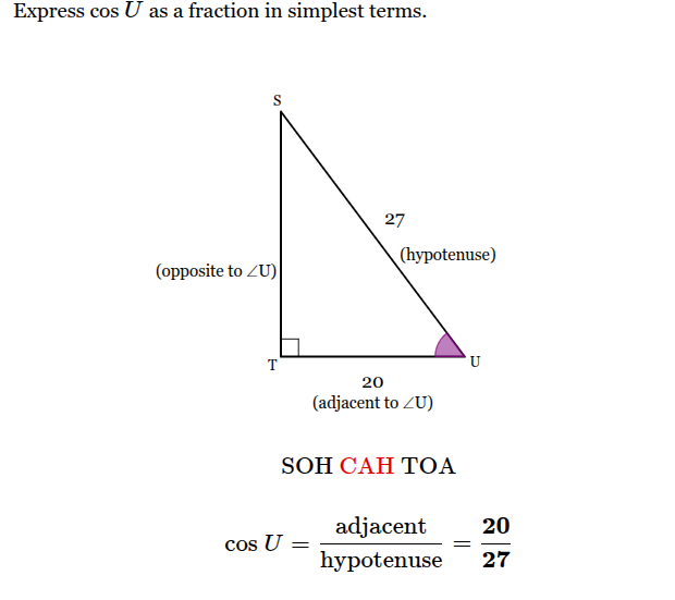 <p>Cos U = 20/27</p>