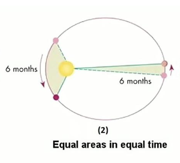 <p>States that a line segment joining a planet and the sun sweeps out equal areas during equal intervals of time, indicating that a planet's speed varies depending on its distance from the sun. This law implies that planets move faster when they are closer to the sun and slower when they are farther away. </p>