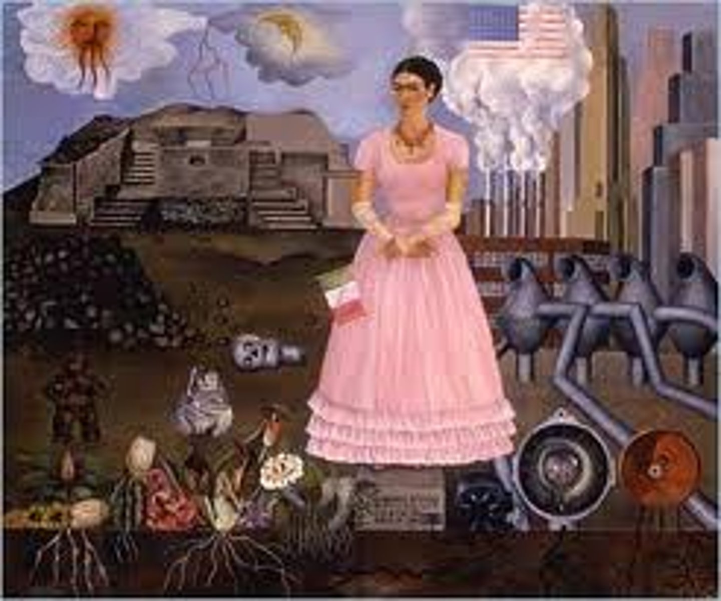 <p><span>Mexican Modernism</span></p><p>Painted this while in Detroit with her husband</p><p>Showing the differences between the 2 continents</p><p>Showing detroit</p><p>Showing ancient ruins</p><p>The us has a lot of factories and industrial stuff</p><p>Trying to show the differences</p><p>The god in America is the flag</p><p>For the Mexicans, it's the son and moon</p>