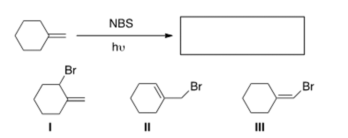 <p>Determine the product(s) of the following reaction.</p><p>A) Only I</p><p>B) Only II</p><p>C) Only III</p><p>D) Only I and II</p>