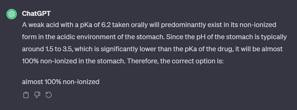 <p>100% NONionized. </p><p>bc pKa of drug is HELLA higher than pKa of stomach (~1). </p><p>so the drug doesn’t want to dissociate </p>