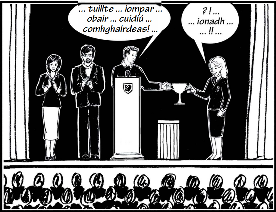 <p>Tá ionadh ar Sandra</p><p>Buaileann an slua</p>