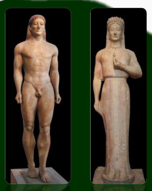 <ul><li><p>Greek Arts</p></li><li><p>Archaic Period</p></li><li><p>Block statues and figurines. </p></li><li><p>The ‘Kouros’ and ‘Kore</p></li></ul><p></p>