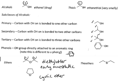 <p><span style="background-color: inherit;"><span>Form Alcohols and Thiols, Both these form two bonds one to a carbon the other a hydrogen.</span></span></p><p><span style="background-color: inherit;"><span>If the second bond is to another carbon not a hydrogen it forms an Ether or a Thioether.</span></span></p><p><span style="background-color: inherit; line-height: 21.85px; color: windowtext;"><span>If the extra bond is used to bond to a different carbon atom we form ethers and thioethers</span></span><span style="line-height: 21.85px; color: windowtext;"><span>&nbsp;</span></span></p>