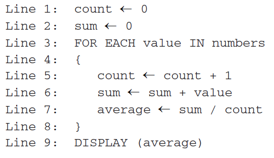 <p>A programmer wrote the code segment below to display the average of all the elements in a list called numbers. There is always at least one number in the list.</p><p></p><p>The programmer wants to reduce the number of operations that are performed when the program is run. Which change will result in a correct program with a reduced number of operations performed?</p><p>Responses</p><p><strong>A</strong></p><p>Interchanging line 1 and line 2</p><p><strong>B</strong></p><p>Interchanging line 5 and line 6</p><p><strong>C</strong></p><p>Interchanging line 6 and line 7</p><p><strong>D</strong></p><p>Interchanging line 7 and line 8</p>