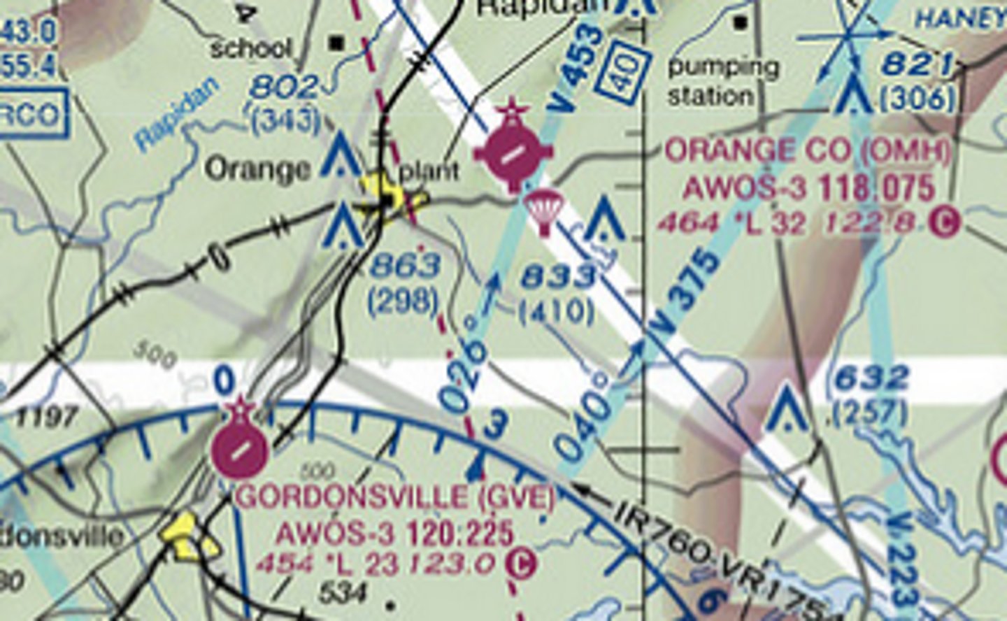 <p>The lack of tick marks around the symbol for Gordonsville Airport (GVE) indicates maintenance and fuel . . .</p><p>(Choose "are available" or "are not available")</p>