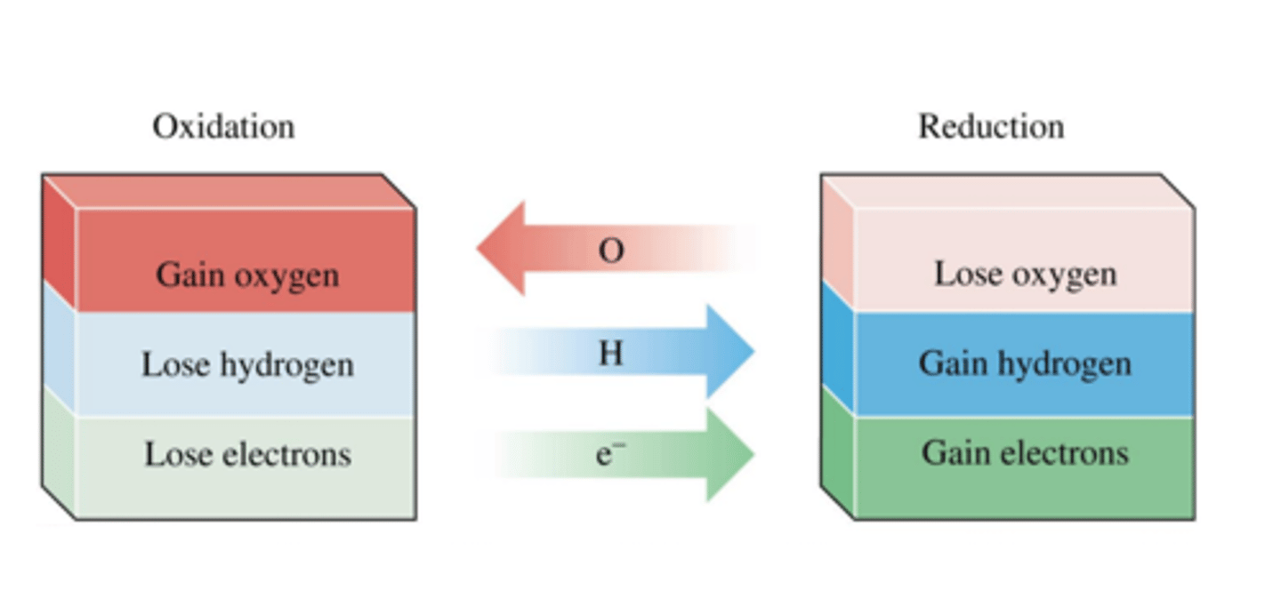 <p>loss of oxygen atoms</p><p>gain of electrons</p><p>gain of hydrogen</p><p>decrease oxidation number</p>