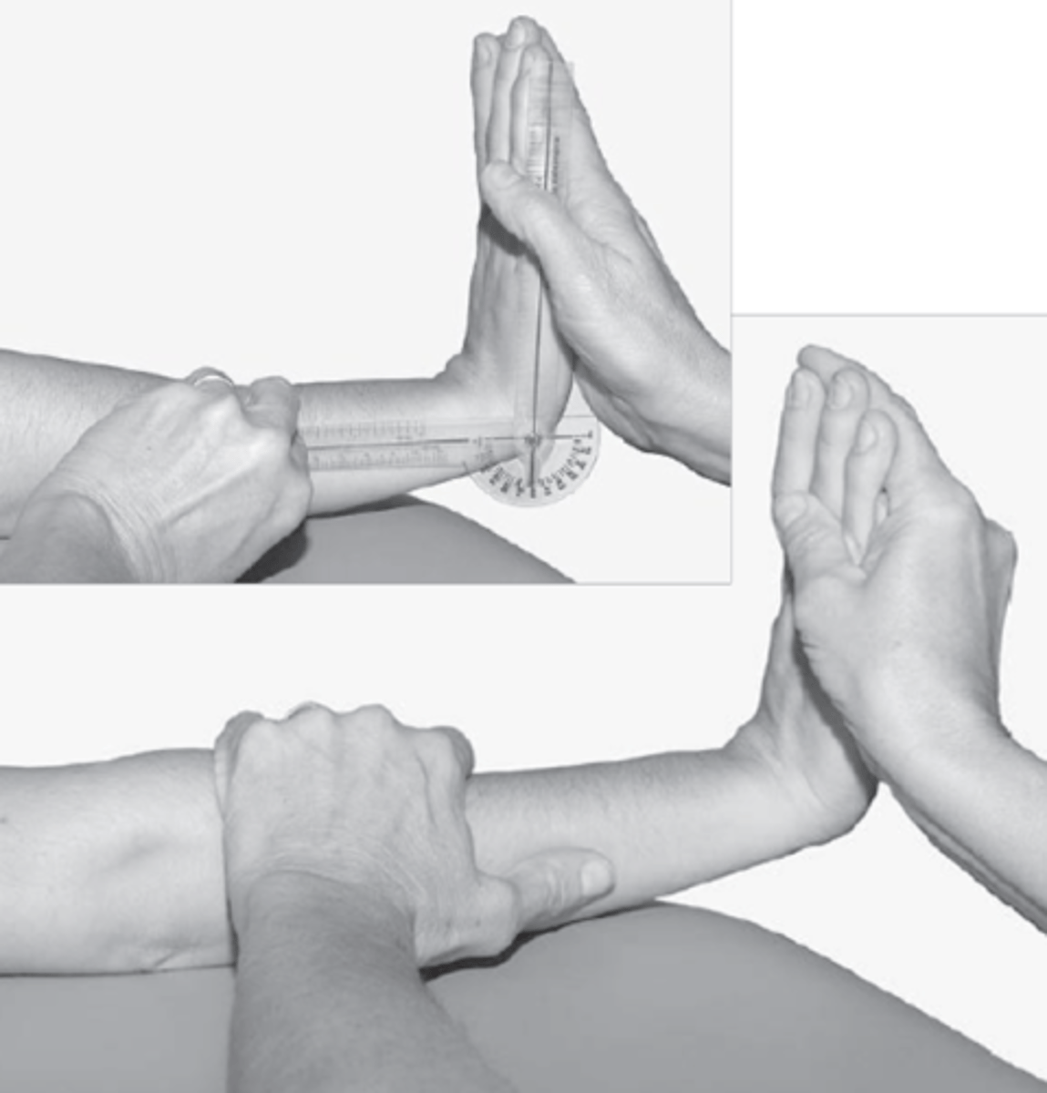 <p>Start position: sitting next to a supporting surface, elbow in full extension, MCP, PIP, DIP jts in full extension, forearm pronation, wrist in neutral </p><p>Testing motion: Hold the MCP, PIP, DIP jts in full extension while extending the wrist until resistance occurs, and additional wrist extension causes the fingers to flex or elbow to flex</p><p>Pos/neg: No normative values (about</p><p>10-15 degrees less than</p><p>normal wrist extension ROM)</p>