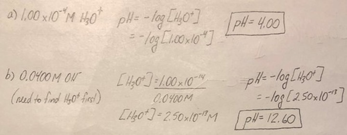 <p>pH = -log[H3O+].</p>