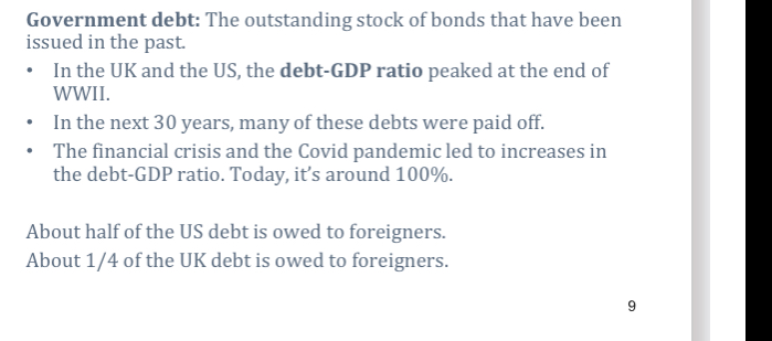<p>The outstanding stock of bonds that have been issued in the past</p><ul><li><p>in the UK and the US, the debt-GDP ratio peaked at the end of </p></li></ul>