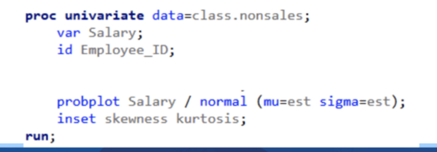 <p>specifies what variables you want a plot for <br>options specify how you want the line drawn<br>(probplot variables &lt;/ options&gt;;)</p>