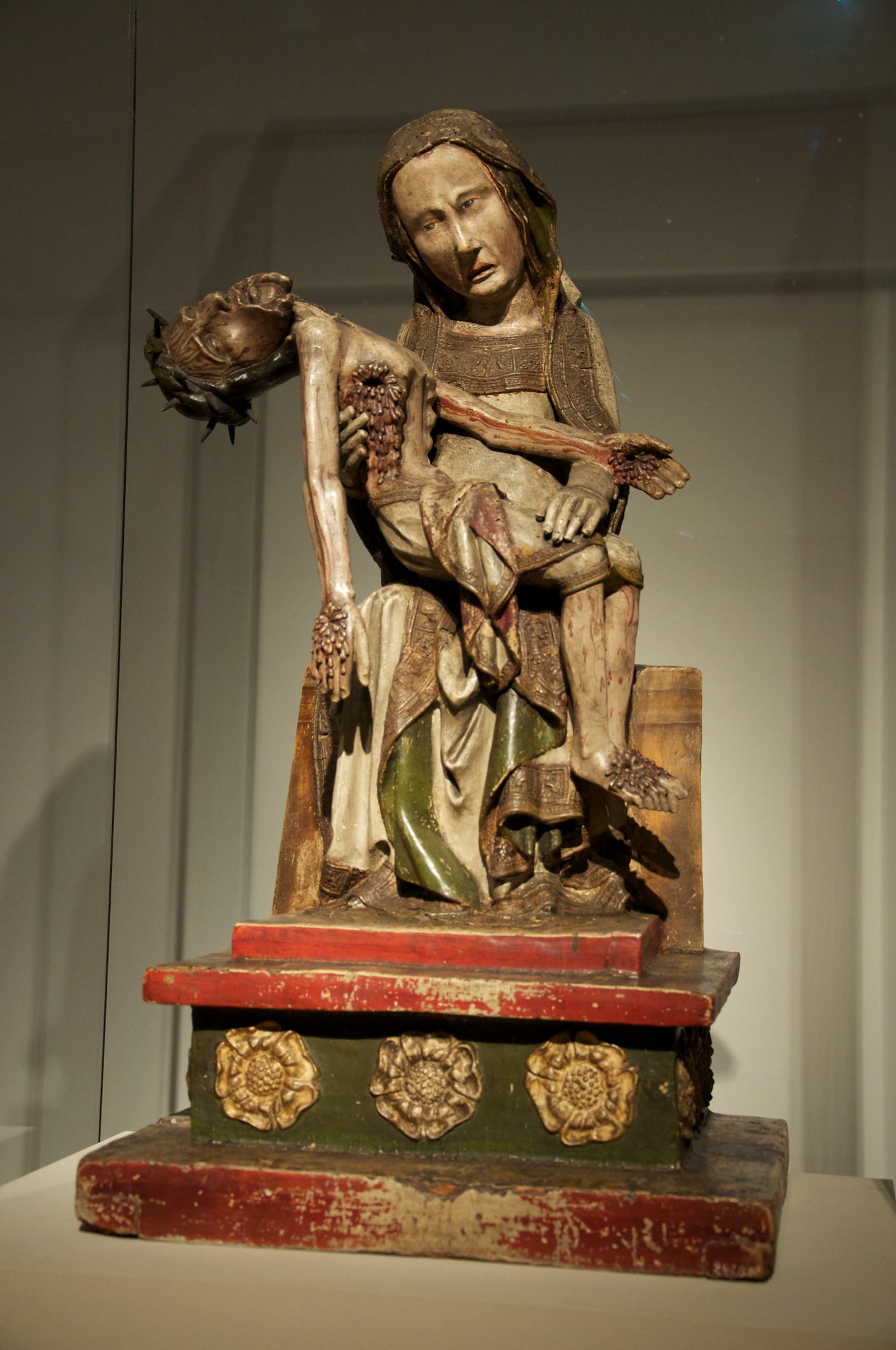 <ul><li><p>c. 1300- 1325, painted wood, 34 1/2 in high.</p></li><li><p>devastating image of Mary holding the dead Christ. Just sows Mary and Christ so you can focus on Mary&apos;s response. -Gruesome details of the crucifixion on his sides hands and face.</p></li><li><p>Mary seems more upset over his death like it was a surprise to her. emphasizes her humanity. Changes how the Middle Age art views Mary.</p></li></ul>