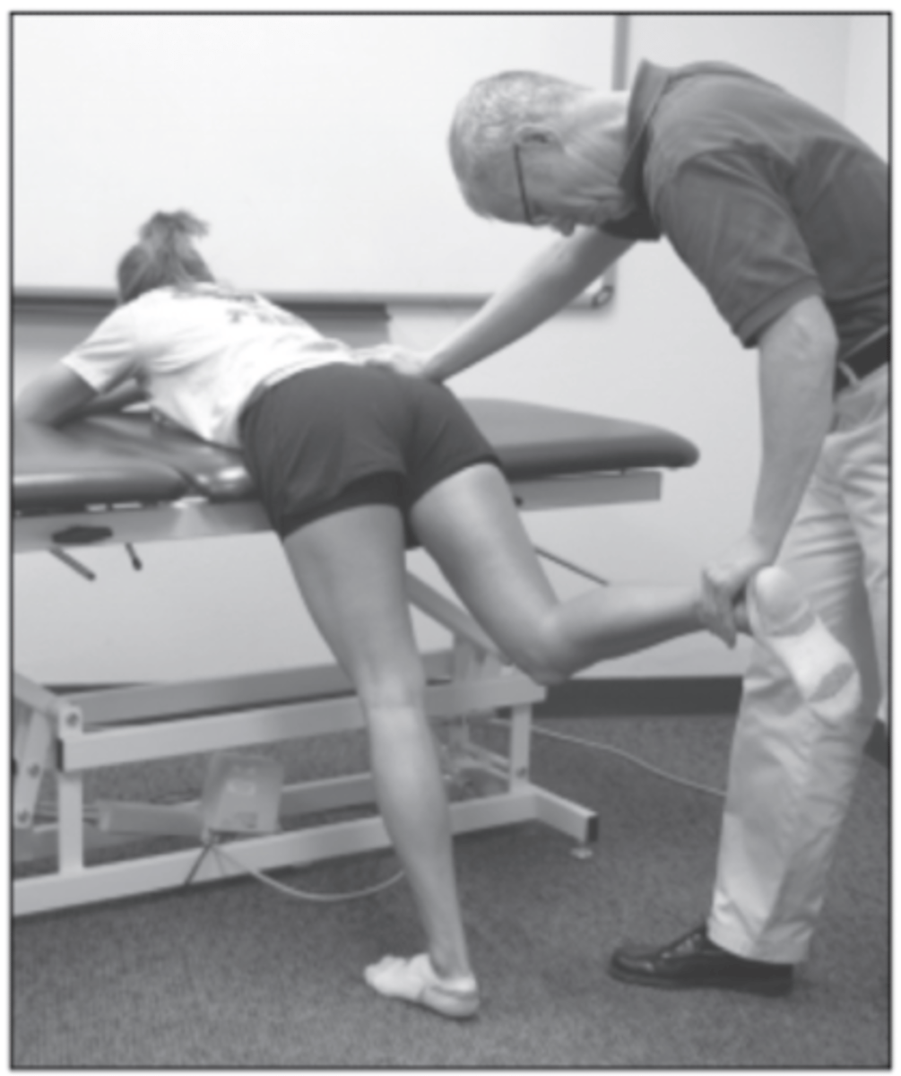 <p>purpose: test for hamstring syndrome and/or tendinopathy</p><p>procedure:</p><p>- patient standing flexed over table with both feet flat on ground</p><p>- examiner passively lifts symptomatic leg off ground with knee flexed and asks patient to hold it there</p><p>- examiner then applies a downward force into knee extension at the ankle which the patient resists (pt lets examiner win)</p><p>positive finding: concordant pain and/or symptoms (thigh numbness, tingling)</p>