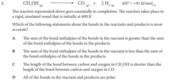 <p>Which of the following statements about the bonds in the reactants and products is most accurate?</p>