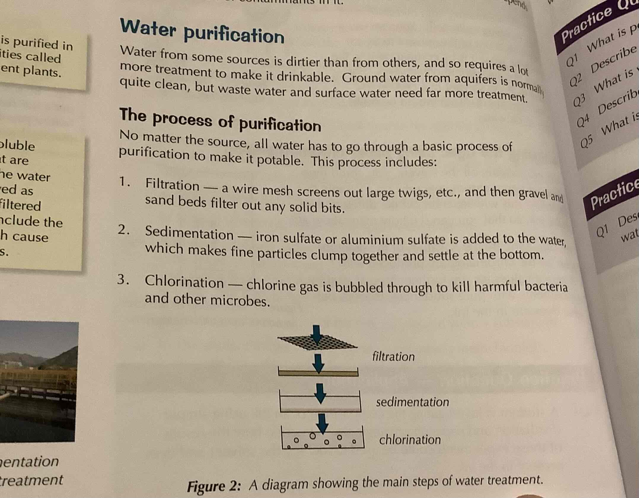 <p>filtration, sedimentation, chlorination </p>