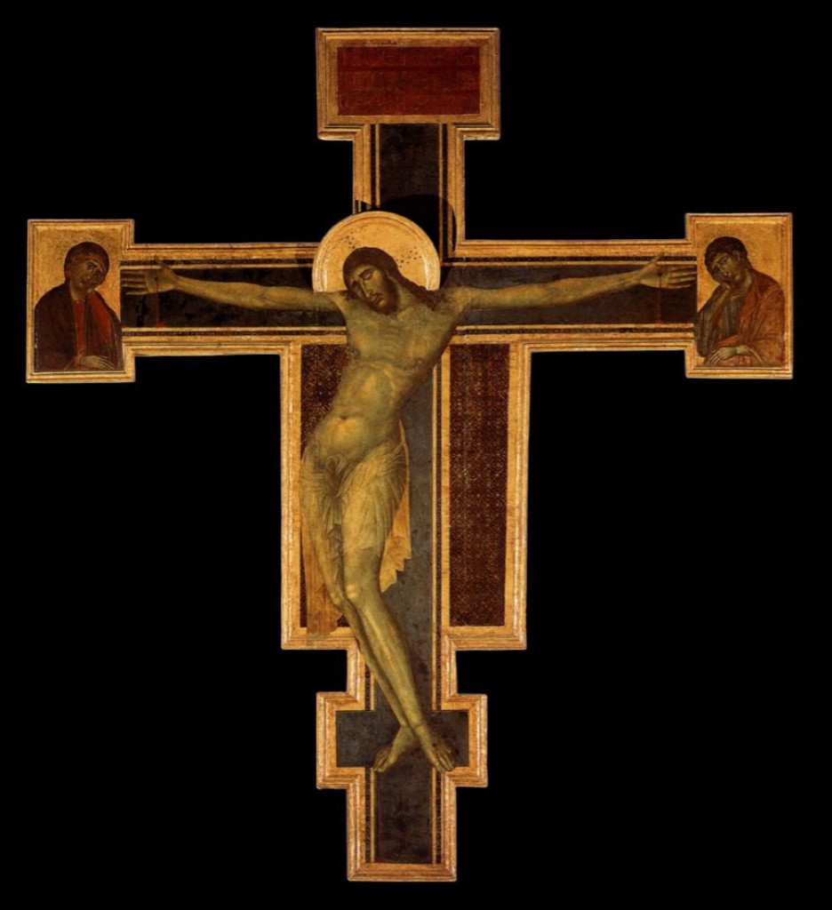 <p>Crucifix, tempera and gold on panel, Cimabue, 1280s, Santa Croce, Florence, Italy</p>