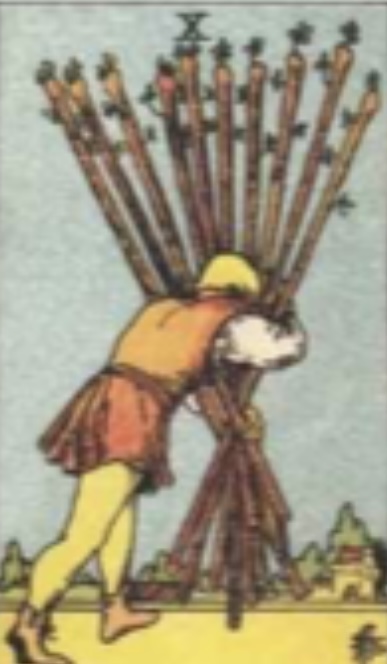 <p>10 of Wands- Upright</p>