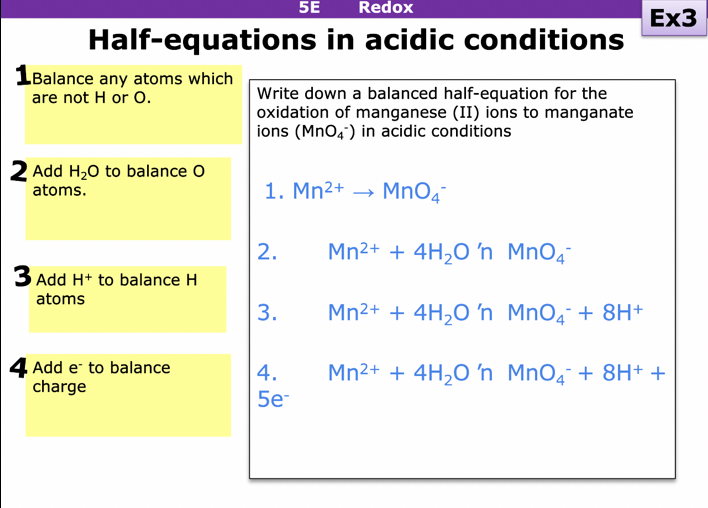 <p></p><p>FEWH = Formula, Electrons, Water, Hydrogen </p><ol><li><p>First balance any Atoms that are not H or O</p></li><li><p>Add e- to balance the charge (work out oxidation number of element at start and element at end)</p></li><li><p>Add H2O to balance O</p></li><li><p>Add H+ to balance H+ ions</p></li></ol><p></p>