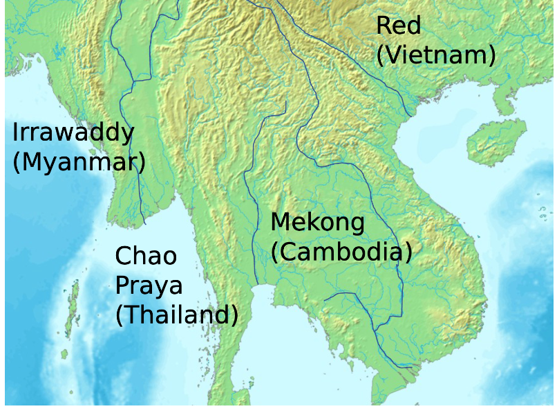 <p>Myanmar: Irrawaddy Thailand: Chao Praya Cambodia: Mekong Vietnam: Red</p>