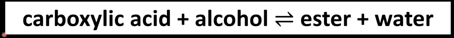 <p>Carboxylic acid + alcohol → ester + water. </p><p>Reaction is condensation (or esterification), catalyzed by H₂SO₄.</p>